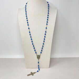 Catholic Rosary Necklace‎ Blue Iridescent Glass Beads Silver-Tone Cross Pendant